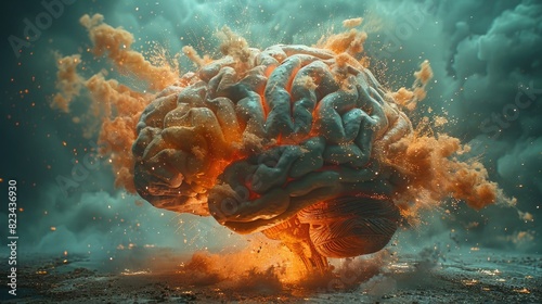 Concept of human brain glowing on particle with explosion splashes background photo