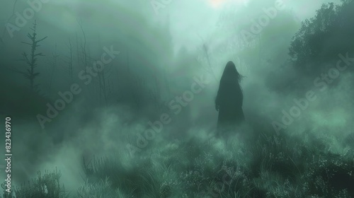 A ghostly figure appears in a misty forest, blending into the surroundings, representing the elusive nature of the supernatural. photo