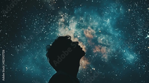 A mysterious image of a person gazing at the stars, suggesting contemplation of the universe's mysteries and the search for meaning beyond the physical realm. photo