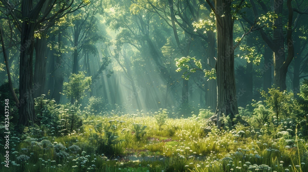 Fototapeta premium A peaceful forest scene with sunlight filtering through the trees, evoking a sense of harmony with nature.