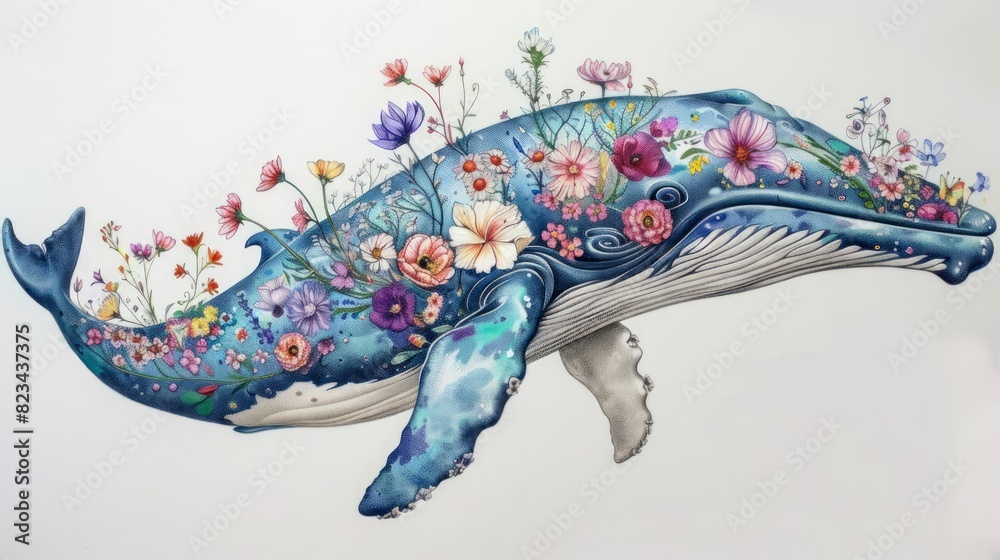 Obraz premium Drawing whale on beige background with flowers