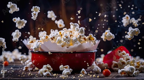 A vibrant image of popcorn bursting out of a red bowl  scattered across a rustic wooden surface with a dark background.