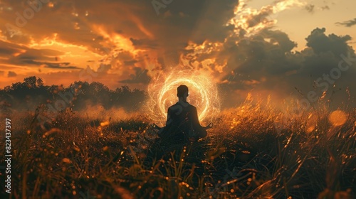 A person meditating in a field, surrounded by a glowing, protective aura, symbolizing spiritual protection.