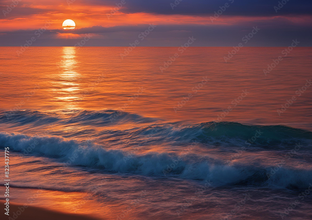 Fototapeta premium Ocean View at Sunset_ Sky Ablaze with Orange Hues Above the Tranquil Blue Sea.
