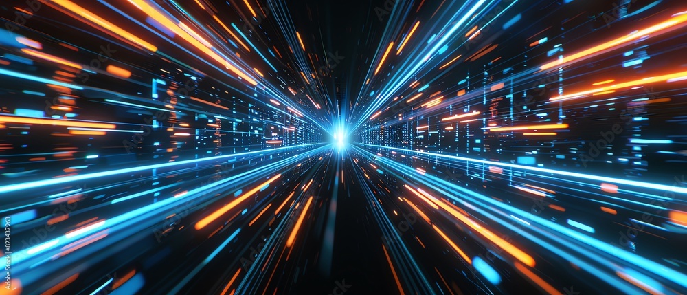 Slick, glossy black surfaces intersected by glowing Navy Blue and Coral neon lines, conveying a highspeed data network in motion Slick, glossy black surfaces intersected by glowing Navy Blue and Coral neon lines, conveying a highspeed data network in motion