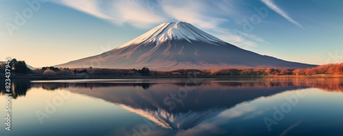 Scenic view of snow-capped mountain reflected in calm lake surrounded by autumn colors under a clear sky at sunrise. photo