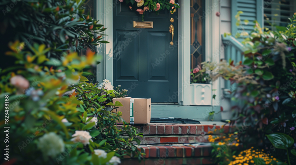 Delivered Package on Doorstep of Charming House with Greenery Delivered Package on Doorstep of Charming House with Greenery