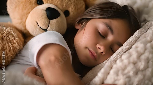 Mädchen schläft mit großem Teddy im Arm photo