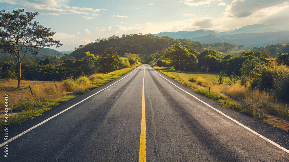 Open road to the mountains. Scenic view of an empty asphalt road leading towards rolling hills and mountains, bathed in warm evening sunlight. Open road to the mountains. Scenic view of an empty asphalt road leading towards rolling hills and mountains, bathed in warm evening sunlight.