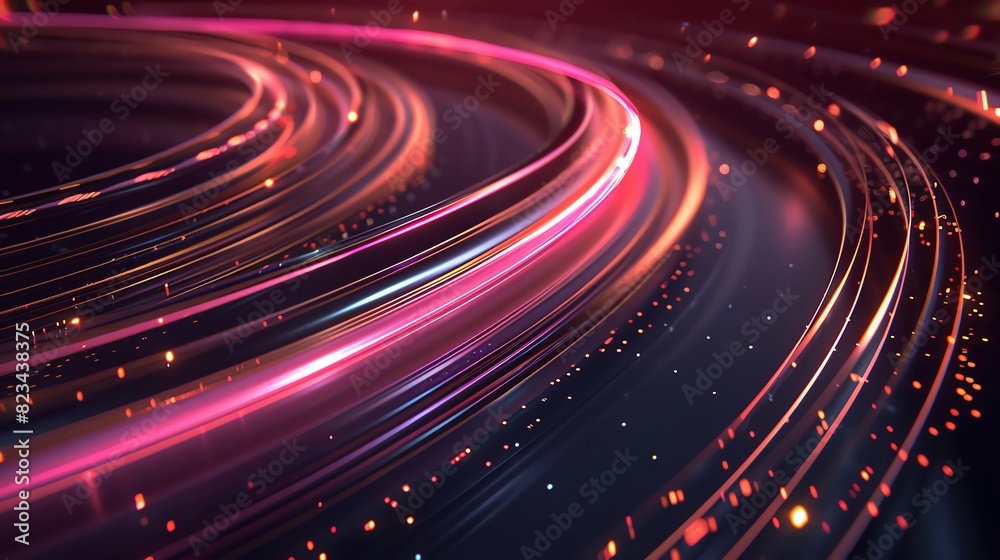 Slick, glossy black surfaces intersected by glowing Navy Blue and Coral neon lines, conveying a highspeed data network in motion Slick, glossy black surfaces intersected by glowing Navy Blue and Coral neon lines, conveying a highspeed data network in motion