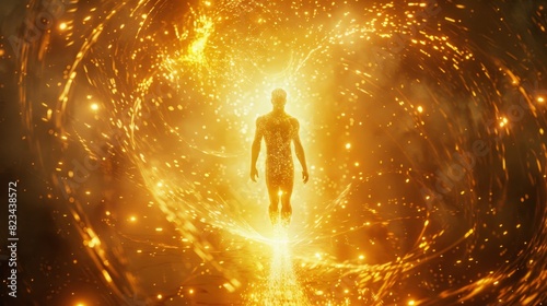 A surreal image of a figure surrounded by a glowing, pulsating aura, illustrating the presence of powerful life force energy and spiritual vitality. photo