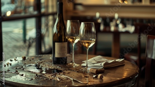 Vintage wine glasses and bottle on a wooden table in a restaurant for restaurant or beverage themed designs