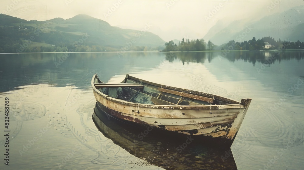 Vintage wooden boat on a calm lake at sunset