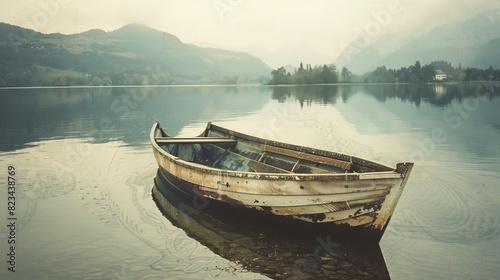 Vintage wooden boat on a calm lake at sunset © Yusif