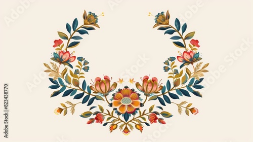 A decorative floral wreath depicting a crest monogram. Colorful modern motif of a crest monogram