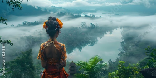 Indonesian woman in traditional attire admiring foggy Tamblingan lake landscape. Concept Indonesian Culture, Traditional Attire, Landscape Photography, Cultural Heritage, Lake Tamblingan photo