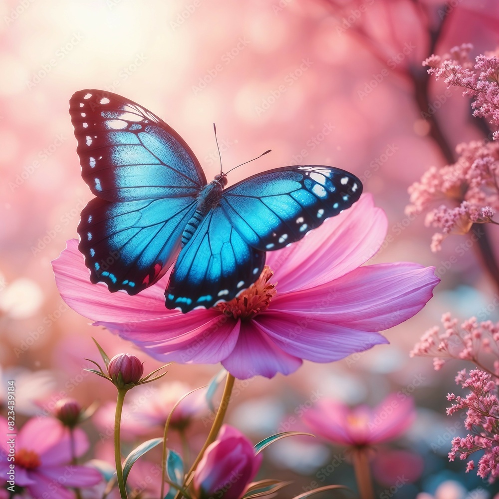 Naklejka premium AI generated illustration of a blue butterfly amidst a pink bloom