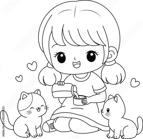 Baby girl feeding milk to cat coloring page clipart cartoon character. Children day vector illustration.