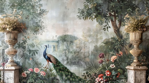 With a garden, forest, peacock, bird, flower vase, botanical plant landscape illustration on a vintage Roman mural wallpaper