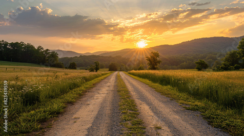 Golden hour country road. Dirt road leading through a field towards the sunset over the mountains, perfect for travel and nature themes.