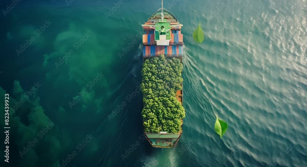 Aerial view of a container ship navigating through the ocean. The ship's cargo area is uniquely filled with lush, green trees symbolizing sustainability and the integration of nature with industry. 