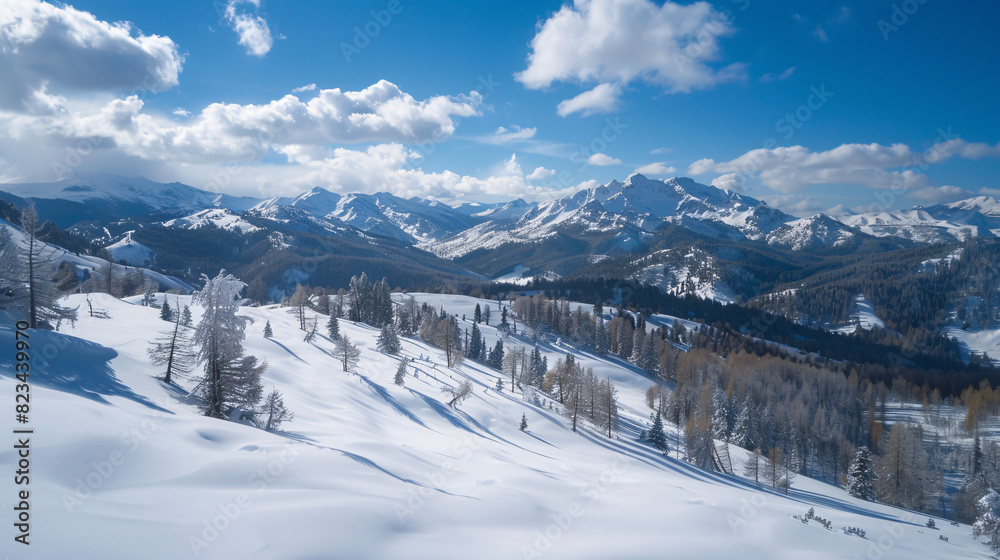 Winter wonderland. Stunning snowy mountains and frosted trees under a bright blue sky, perfect for winter and travel designs. Winter wonderland. Stunning snowy mountains and frosted trees under a bright blue sky, perfect for winter and travel designs.