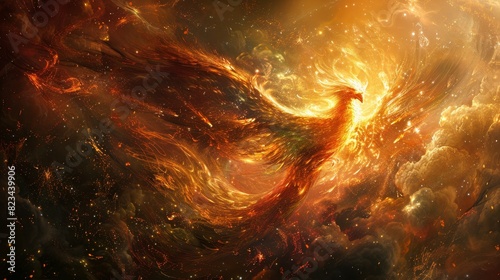 An artistic rendering of a phoenix rising from the ashes, symbolizing the renewal and transformation that can occur through the karmic cycle. photo