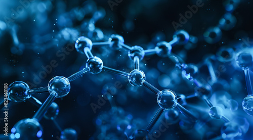 Futuristic macro view of chemical structure on a dark background, a 3D rendered illustration of polymer compound.