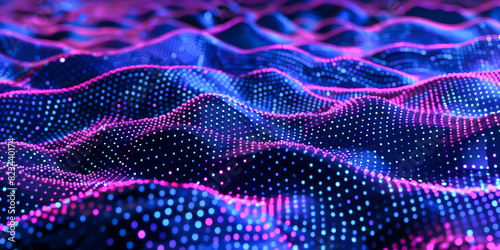 Abstract digital dark background with blue and purple neon dots creating wavy patterns, a digital landscape. Futuristic wallpaper.