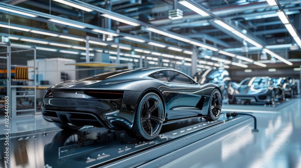 A futuristic car being assembled in a factory alongside other vehicles. Mechanical arms and workers are seen working on the cars. A futuristic car being assembled in a factory alongside other vehicles. Mechanical arms and workers are seen working on the cars.