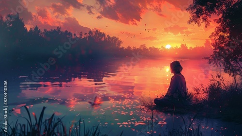 An intuitive healer, sitting beside a tranquil lake at sunset, their hands resting on the water's surface, sending healing energy into the rippling reflections of the sky above. © MAY