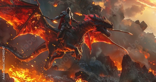 A fierce dragon tamer adorned in fire-resistant armor, perched on their loyal dragon mid-flight, surrounded by volcanic scenery. Fantasy Character Design photo