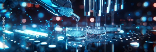 A scientist pours clear liquid into glass dishes with a micropipette. A chemistry concept for medical research and analysis.