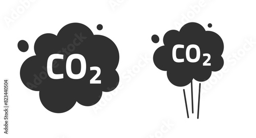 Co2 carbon emission cloud icon vector graphic set, dioxide gas exhaust simple black white pictogram illustration image clip art, chemistry combustion smoke flat cartoon