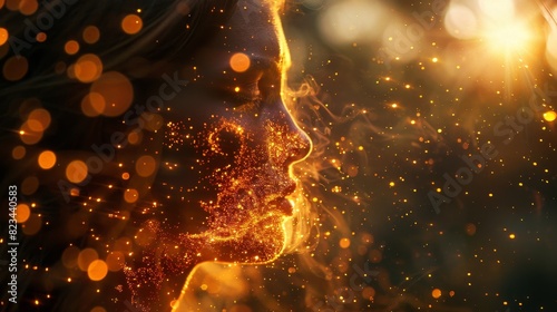 Fototapeta Naklejka Na Ścianę i Meble -  Sparkling particles represent the energy field around a person, illustrating the concept of energetic balance and vitality.