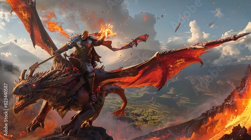 A fierce dragon tamer adorned in fire-resistant armor, perched on their loyal dragon mid-flight, surrounded by volcanic scenery. Fantasy Character Design