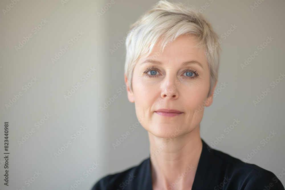Portrait of a middle-aged woman with short blonde hair, blue eyes, in black attire, neutral expression Portrait of a middle-aged woman with short blonde hair, blue eyes, in black attire, neutral expression