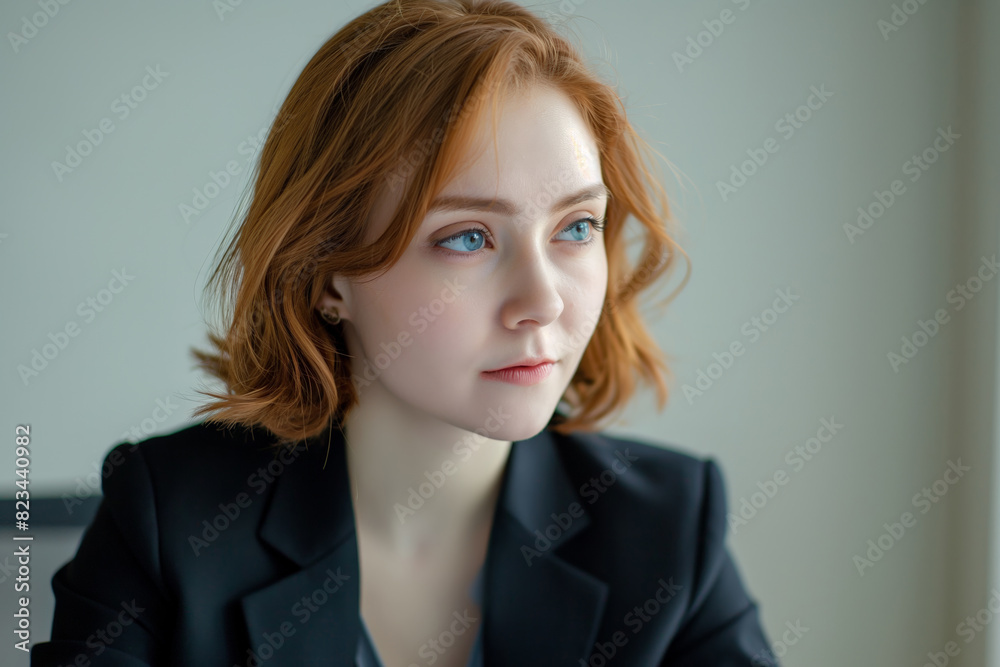 Woman with short red hair, wearing a black blazer, looking pensive with a blurred background Woman with short red hair, wearing a black blazer, looking pensive with a blurred background