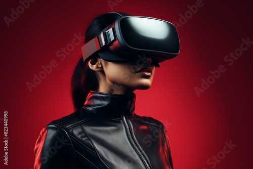 Modern female in a black leather jacket engages with virtual reality headset against a red background © juliars