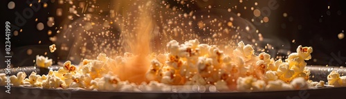 Close-up of fresh popcorn being seasoned with a burst of flavor, creating a dynamic and appetizing scene. Perfect for culinary and snack imagery. photo