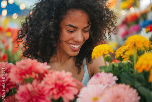 Happy woman with curly hair smiling while surrounded by colorful flowers at a sunny outdoor market