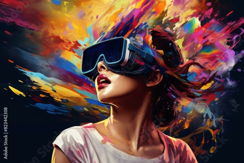 Woman in vr headset against abstract vibrant color splash background
