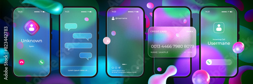 Realistic transparent smartphone in glassmorphism style. Matte glass morphism phone screen mockup with credit card, message chat, call. Mobile ui design. Frosted frames with abstract liquid 3d shapes.