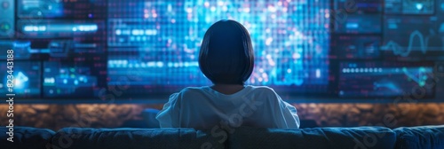 In a futuristic concept, a beautiful young woman is sitting on a couch at home watching a movie on a futuristic Augmented Reality Hologram Screen.