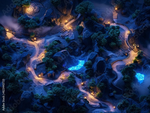 Night fantastic game 3D digital map with hidden treasures, render. © Анастасия Комарова