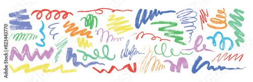 Vector set of hand drawn doodle colorful charcoal pencil squiggles and various lines. Color kid chalk scribbles, strokes, sketches, curly or zigzag line. Grunge pen crayon rough swirls or thin scrawls