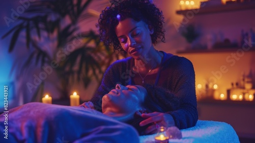 Reiki healing session in a dimly lit spa. A practitioner with hands over a relaxed client's chakras