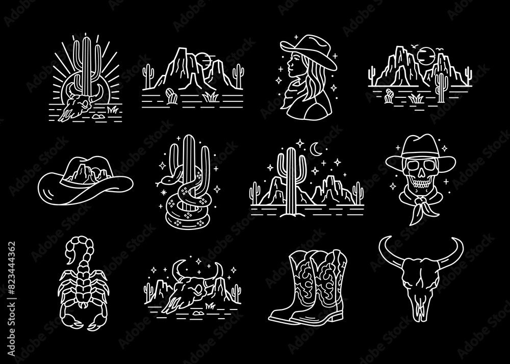 © cddesign.co - Set of vector western-inspired vector line art illustrations. © cddesign.co - Set of vector western-inspired vector line art illustrations.