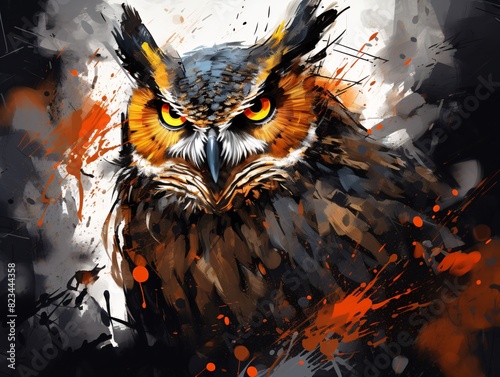 an owl with orange and black paint splatters