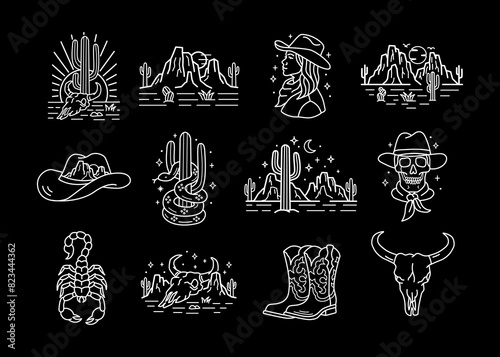 Set of vector western-inspired vector line art illustrations. 
